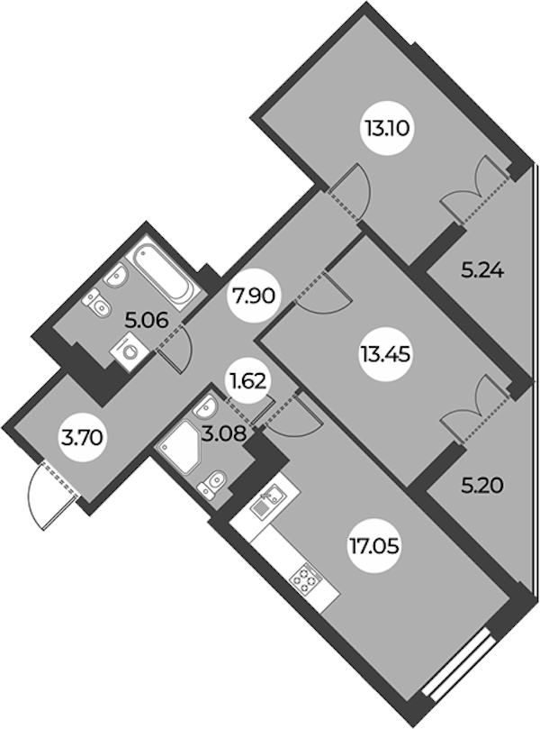 2-комнатная квартира 70.18 м², 16/24 эт., ЖК «Огни Залива»